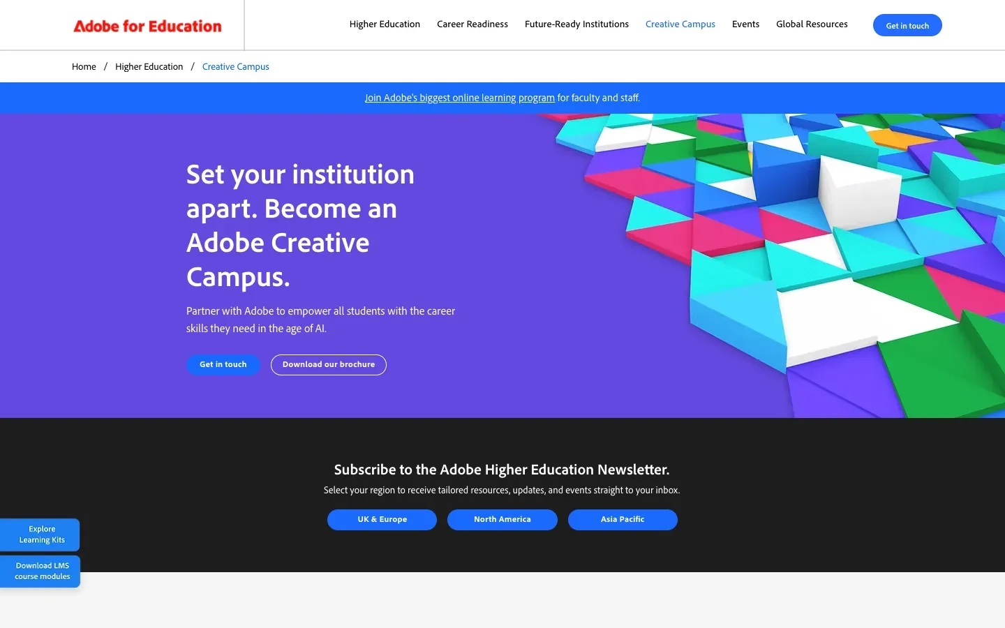 Strona główna Adobe Creative Campus (adobeforeducation.com) – zrzut ekranu