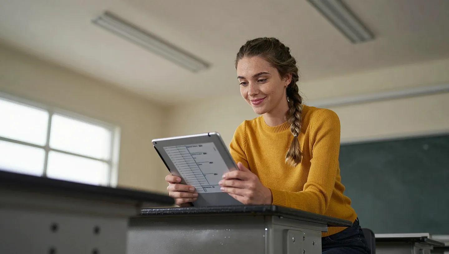 Młoda nauczycielka siedzi na krawędzi biurka w pustej klasie i przegląda tablet, za oknami widoczny deszcz