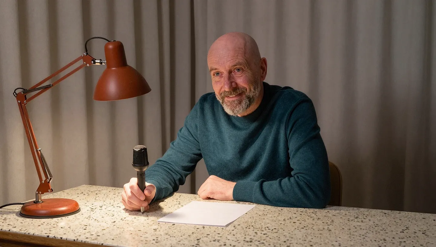 Mężczyzna lat 60 z szarym zarostem nagrywa lekcję audio o Dziadach przy biurku z mikrofonem i lampką