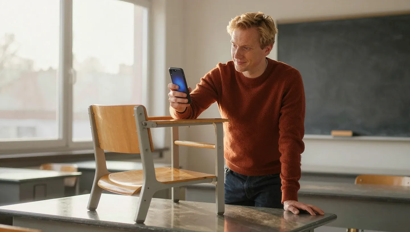 Nauczyciel w swetrze układa krzesło na biurku w pustej sali lekcyjnej podczas złotej godziny, patrząc na migoczący smartfon