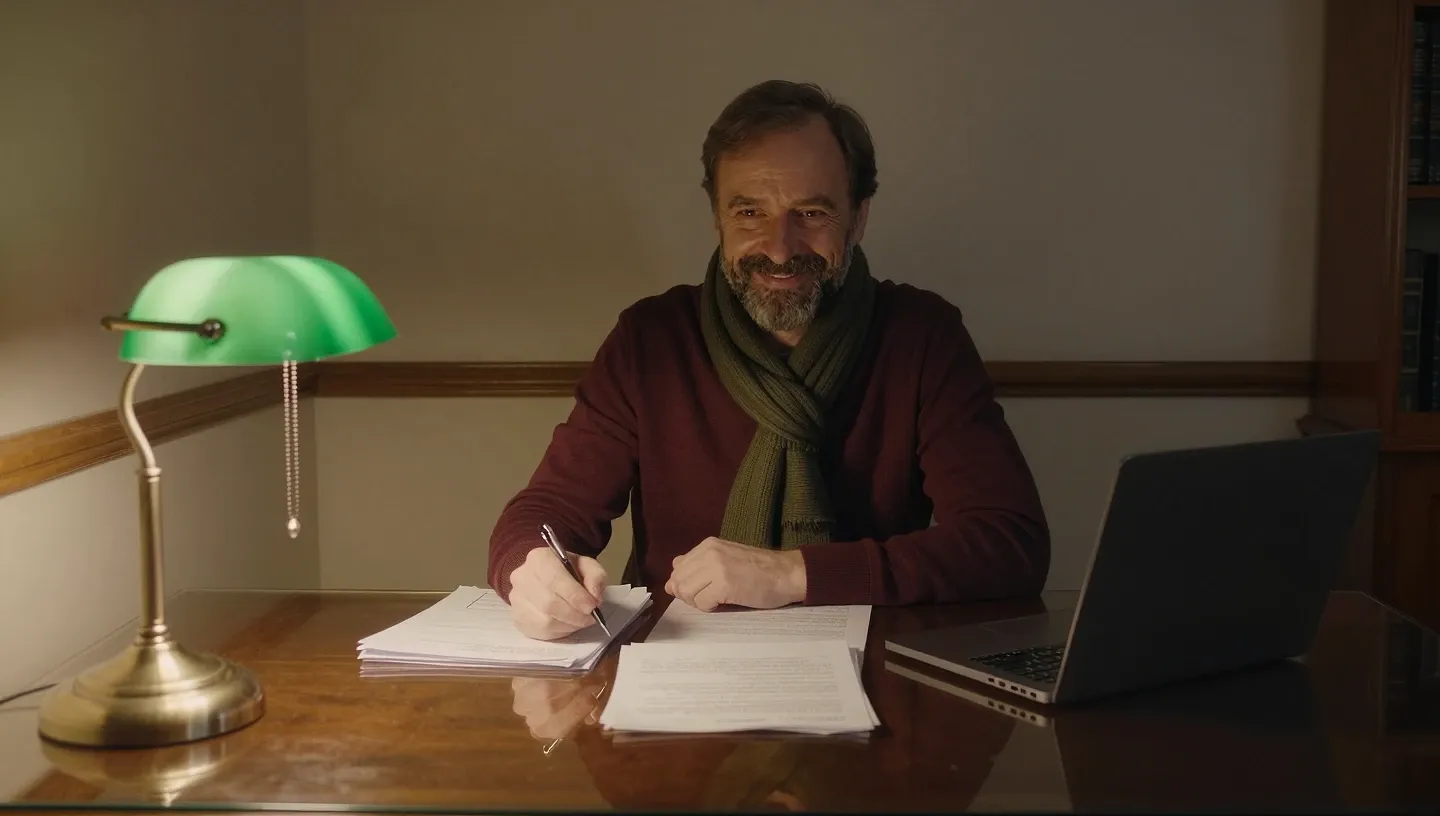 Mężczyzna w bibliotece przy długim stole porównuje dwie stosy papierów - schemat rozdziałów i gęsty tekst - pod zieloną lampą