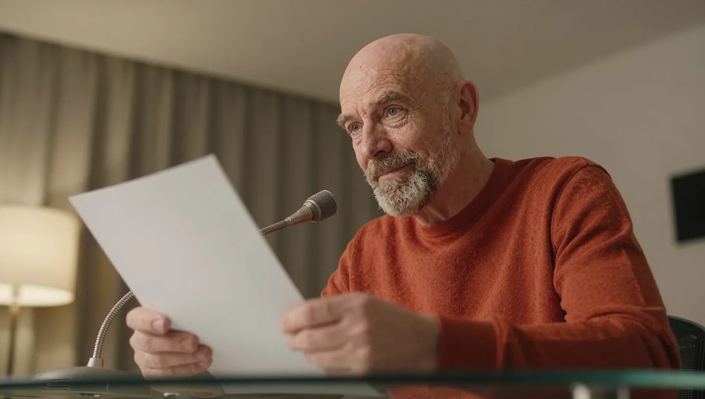 Mężczyzna około 60 lat z siwą brodą czyta deklarację do mikrofonu przy drewnianym biurku oświetlonym lampką, obok kartka i pióro.