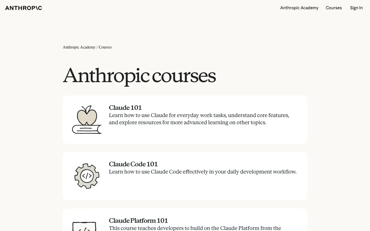 Strona główna Anthropic AI Fluency Courses (anthropic.skilljar.com) – zrzut ekranu