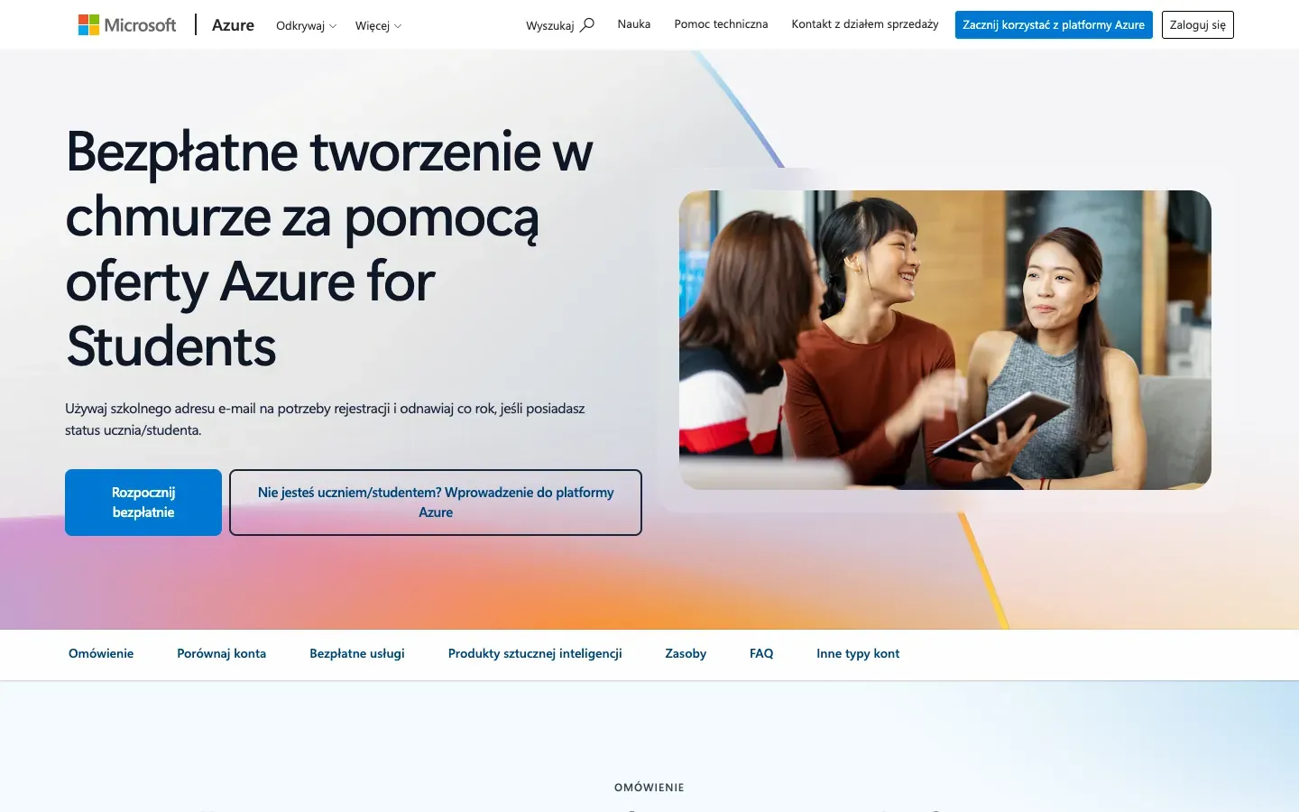 Strona główna Azure for Students (azure.microsoft.com) – zrzut ekranu