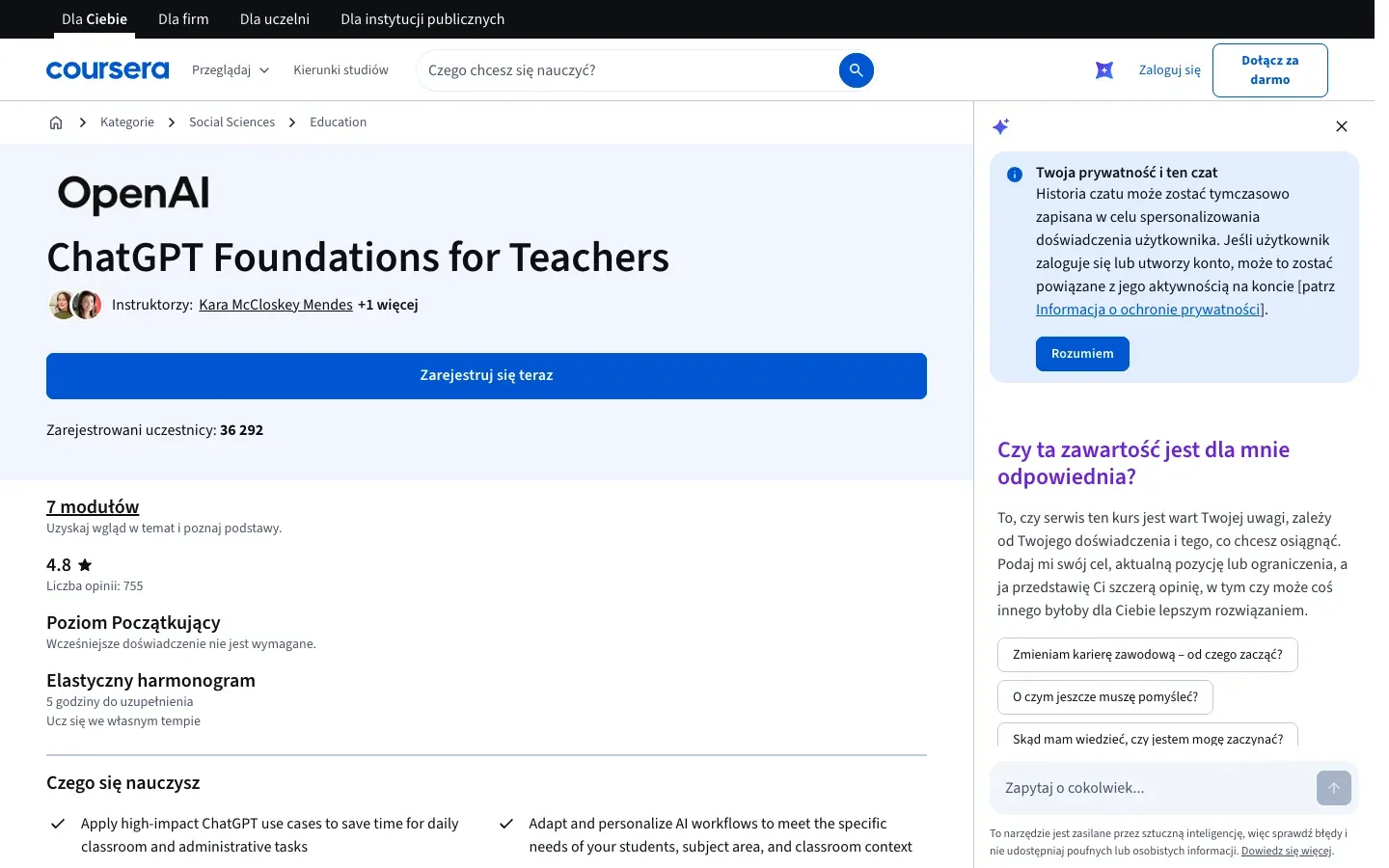 Strona główna ChatGPT Foundations for Teachers (coursera.org) – zrzut ekranu