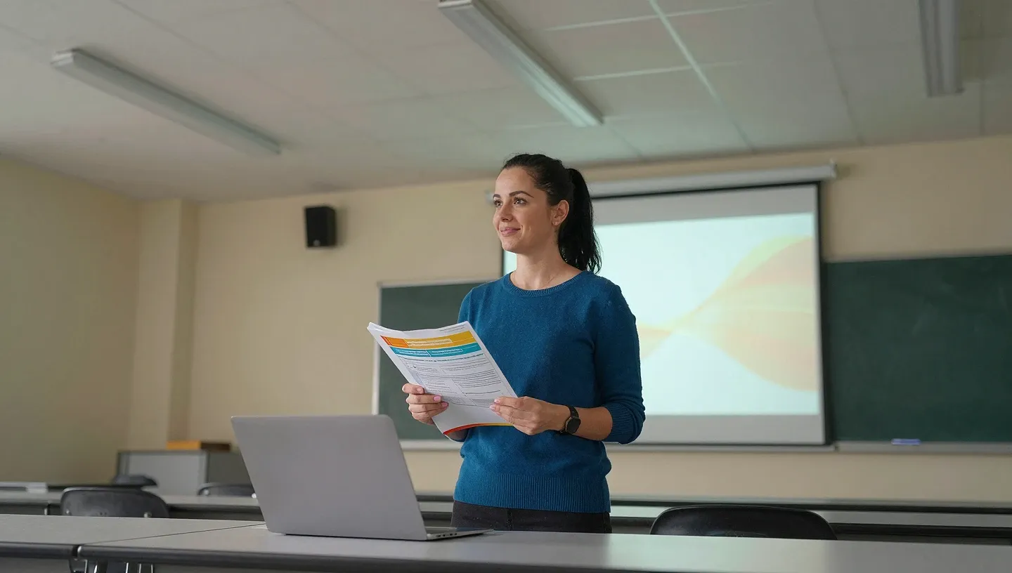 Nauczycielka z kucykiem stoi w sali gimnastycznej zmienionej na salę egzaminacyjną, trzyma kolorowy folder z konspektem