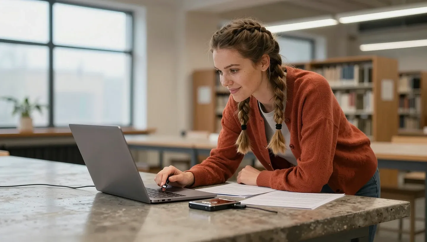 Młoda kobieta z ciemnoblond warkoczem pochylona nad stołem w bibliotecznym warsztacie, podłączająca dysk zewnętrzny do laptopa kablem USB przed utratą dostępu