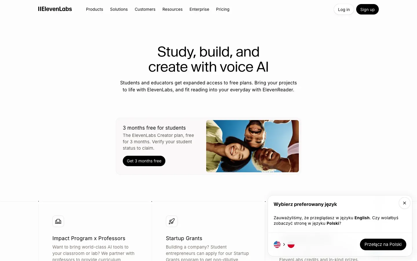 Strona główna ElevenLabs for Students (elevenlabs.io) – zrzut ekranu