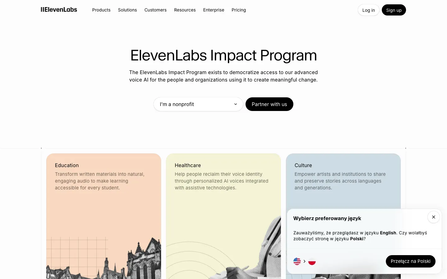 Strona główna ElevenLabs Impact Program (elevenlabs.io) – zrzut ekranu