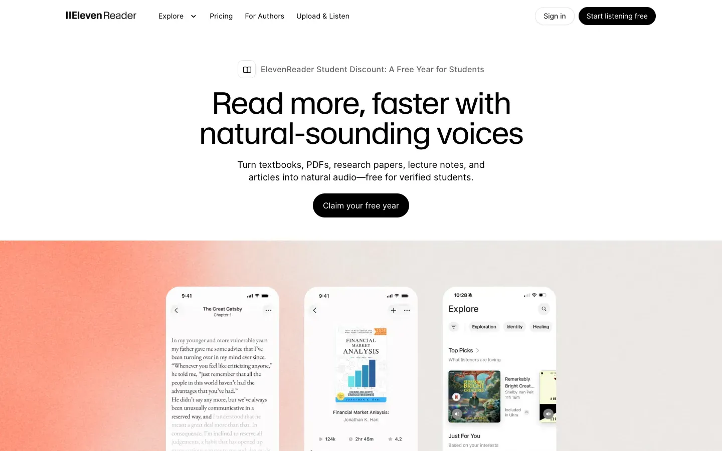 Strona główna ElevenReader for Students & Educators (elevenreader.io) – zrzut ekranu