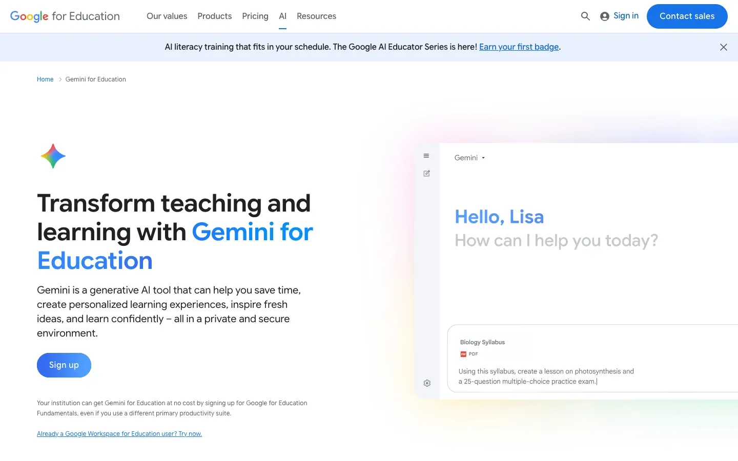 Strona główna Gemini for Education (edu.google.com) – zrzut ekranu