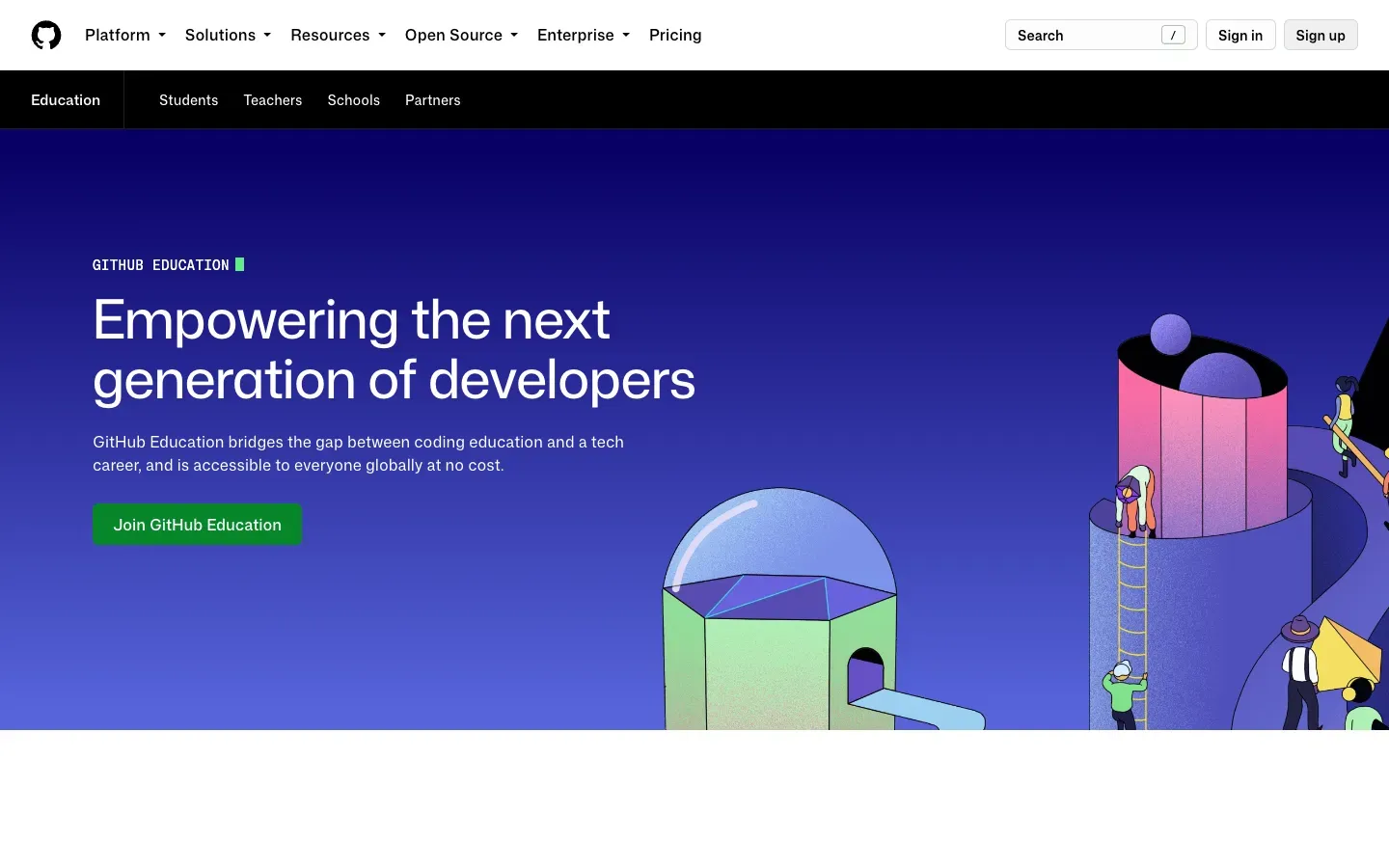Strona główna GitHub dla Edukacji (github.com) – zrzut ekranu