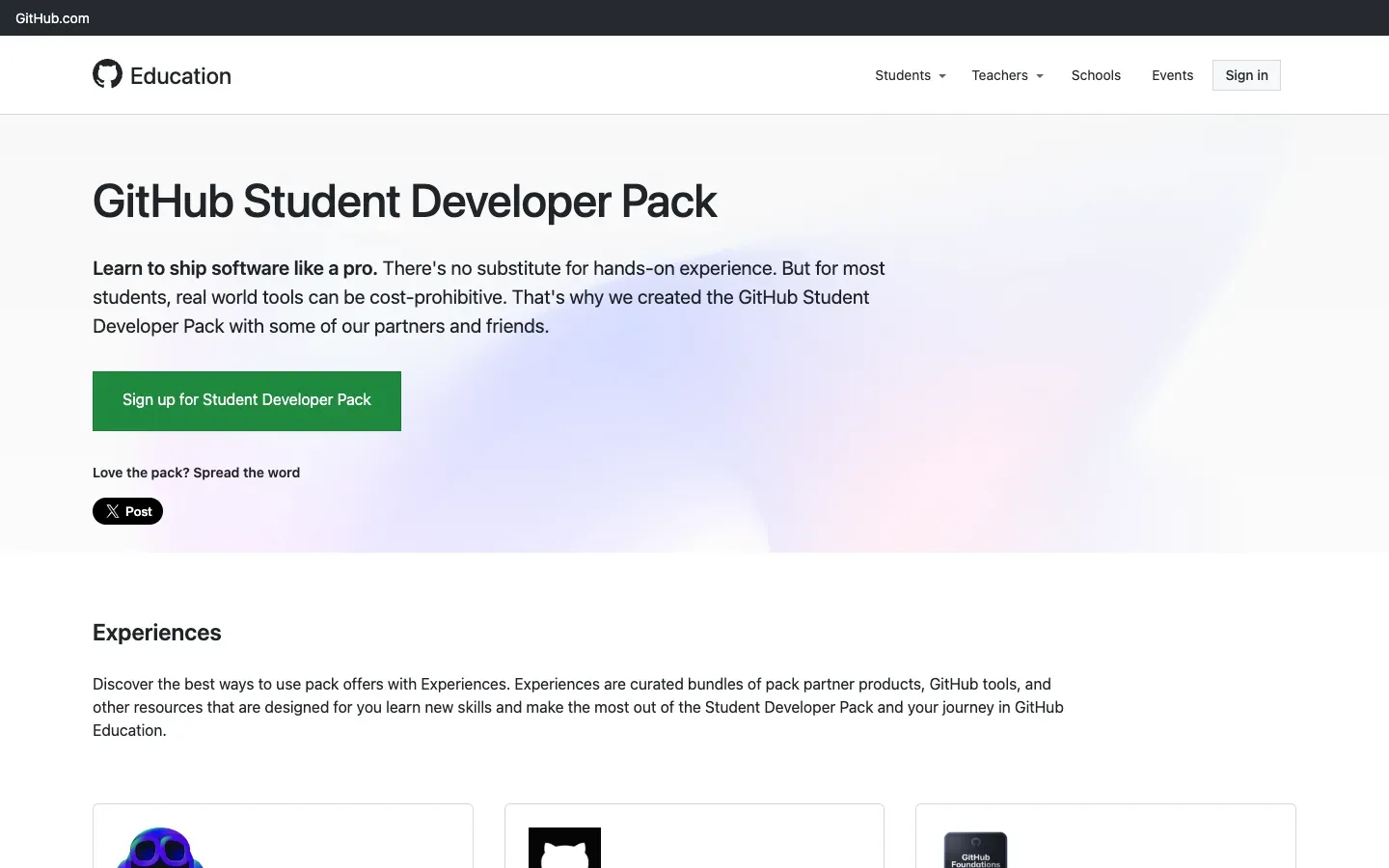 Strona główna GitHub Student Developer Pack (education.github.com) – zrzut ekranu