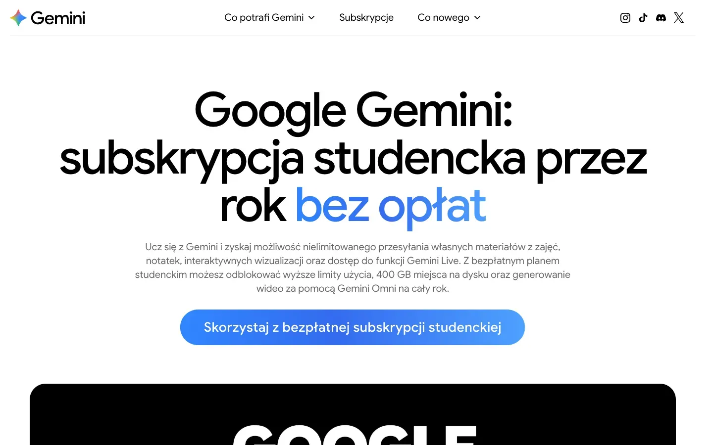 Strona główna Google AI Pro for Students (gemini.google) – zrzut ekranu