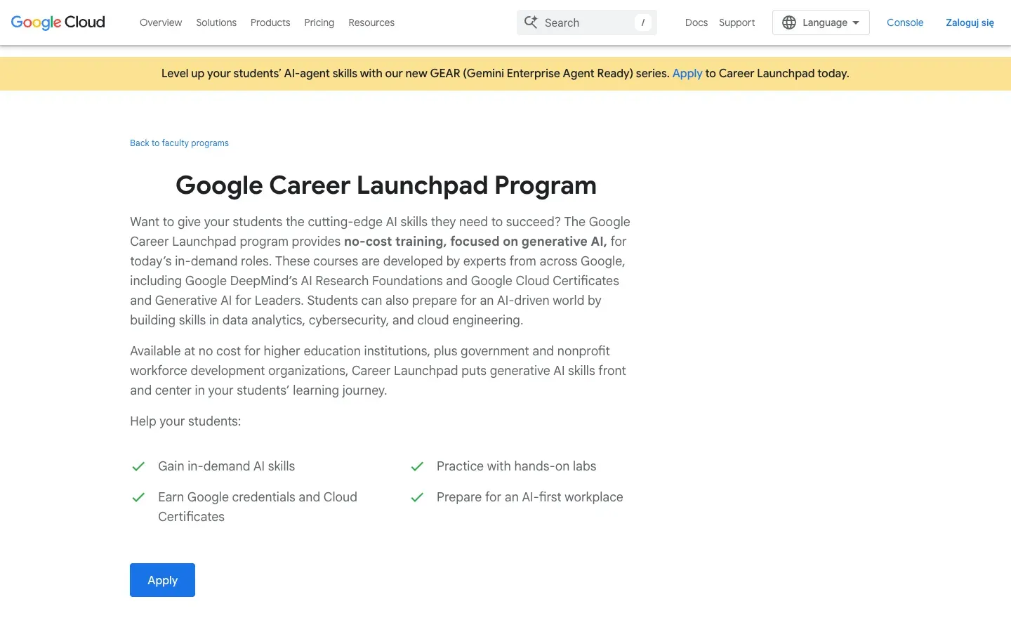 Strona główna Google Cloud Career Launchpad (cloud.google.com) – zrzut ekranu