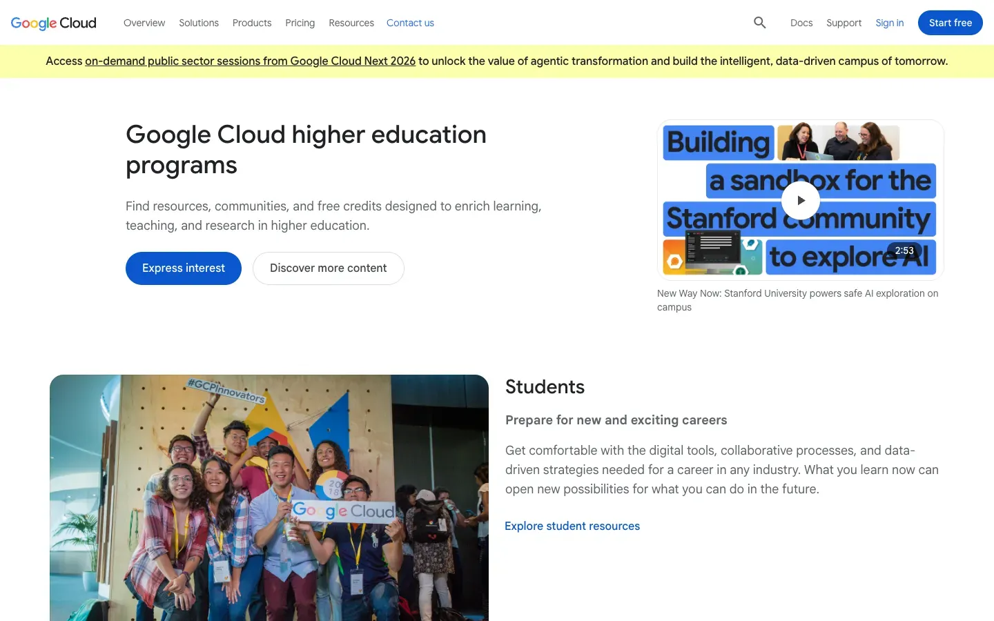 Strona główna Google Cloud dla Edukacji (cloud.google.com) – zrzut ekranu