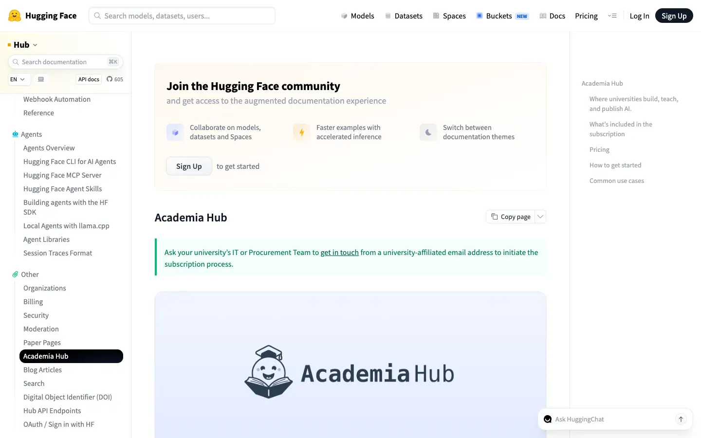 Strona główna Hugging Face Academia Hub (huggingface.co) – zrzut ekranu