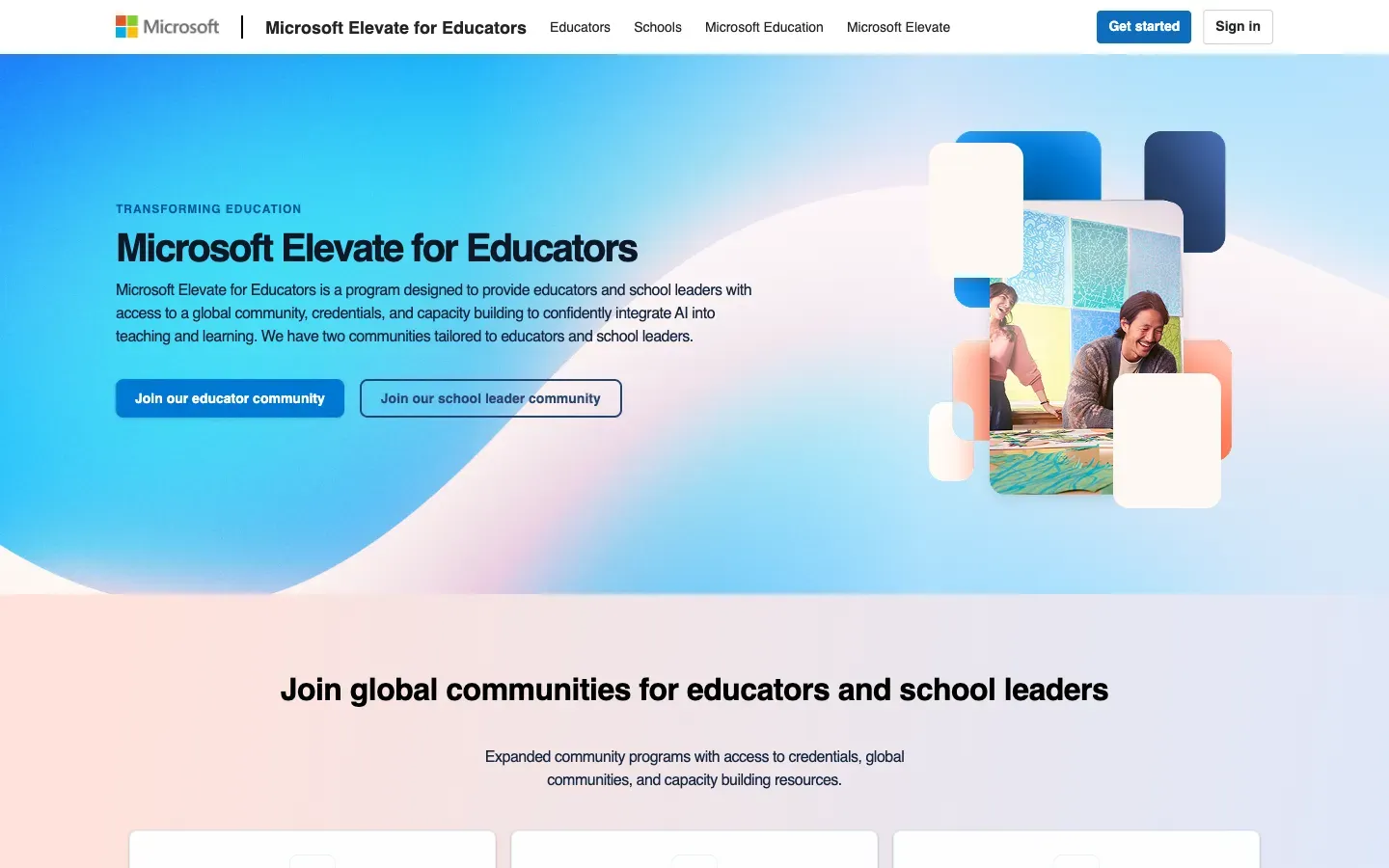 Strona główna Microsoft Elevate for Educators (elevateforeducators.microsoft.com) – zrzut ekranu