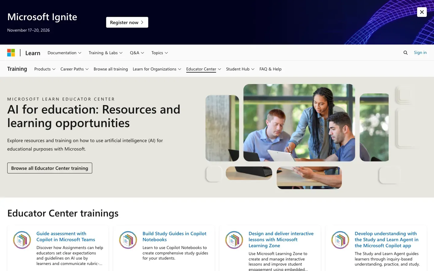 Strona główna Microsoft Learn AI Paths (learn.microsoft.com) – zrzut ekranu