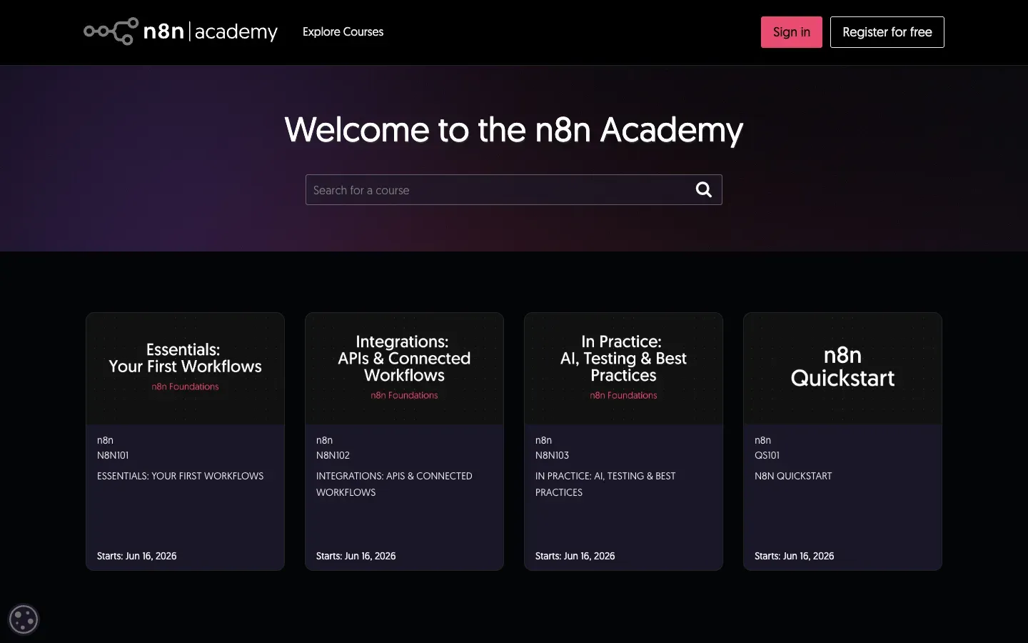 Strona główna n8n Courses (docs.n8n.io) – zrzut ekranu