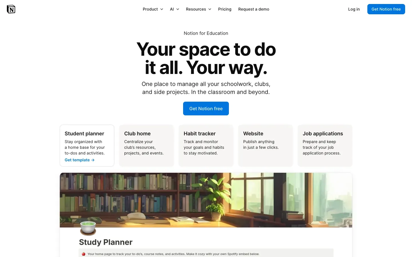 Strona główna Notion dla Edukacji (notion.com) – zrzut ekranu