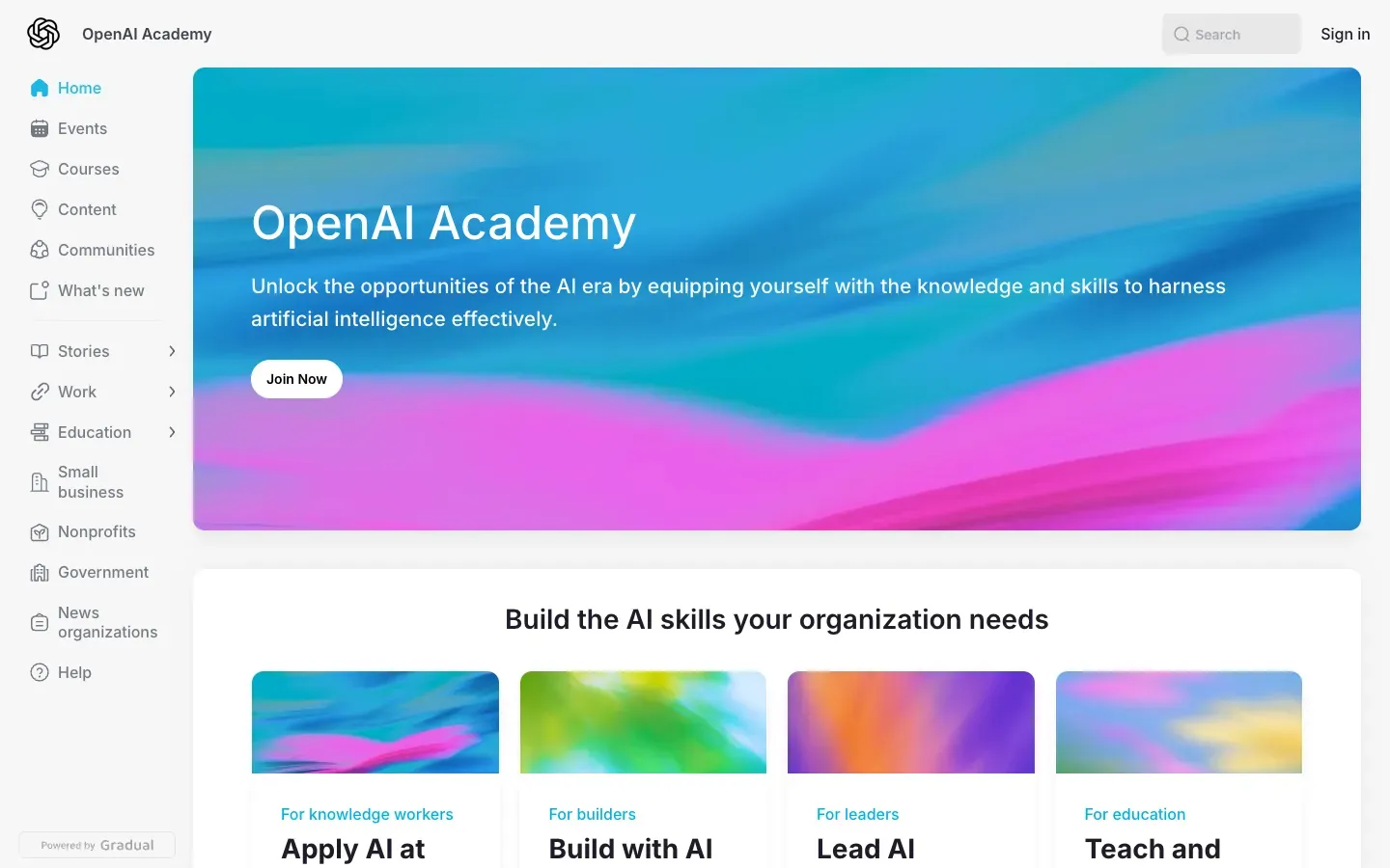Strona główna OpenAI Academy (academy.openai.com) – zrzut ekranu