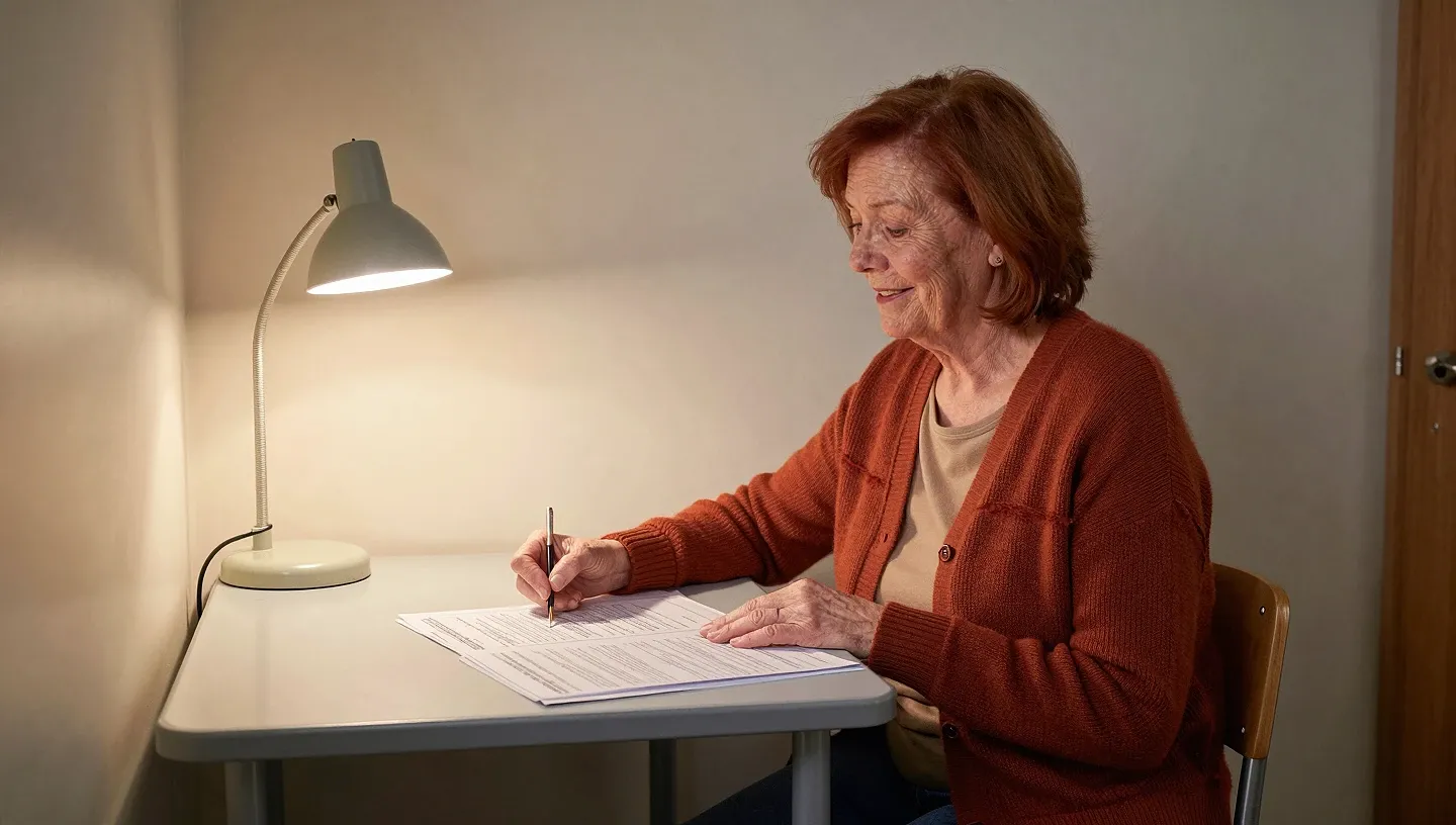 Kobieta w wieku 60 lat przy biurku w korytarzu pod schodami, z krótkimi białymi włosami i rudym kardiganem, zaznaczająca błędy na kartkach testu