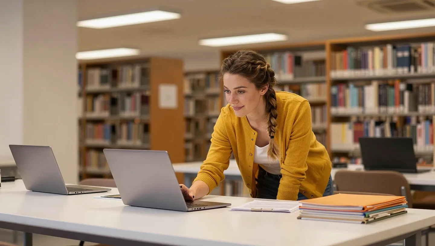Kobieta z warkoczem pochylona nad stołem warsztatowym z laptopami i kolorowymi teczkami w bibliotece, omawia zasady korzystania z AI